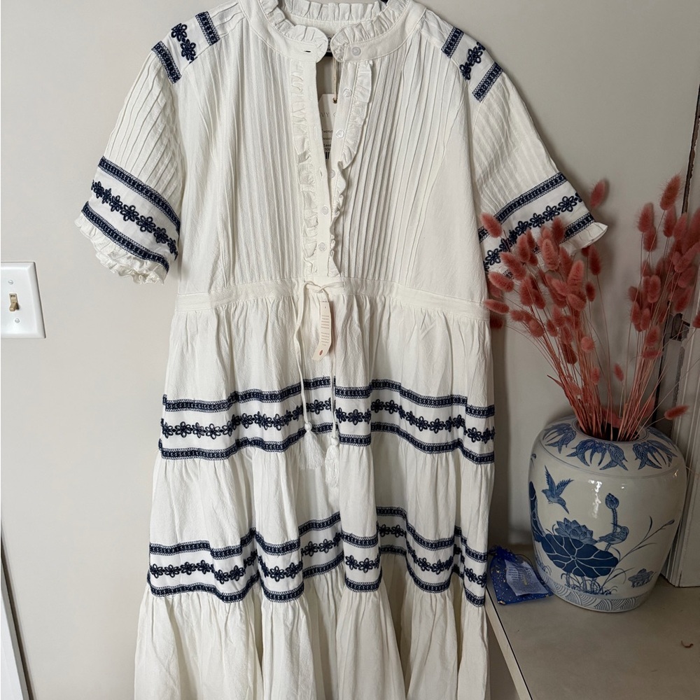 Ivy City Sanatori Midi Dress. White with Embroidered Navy Trim